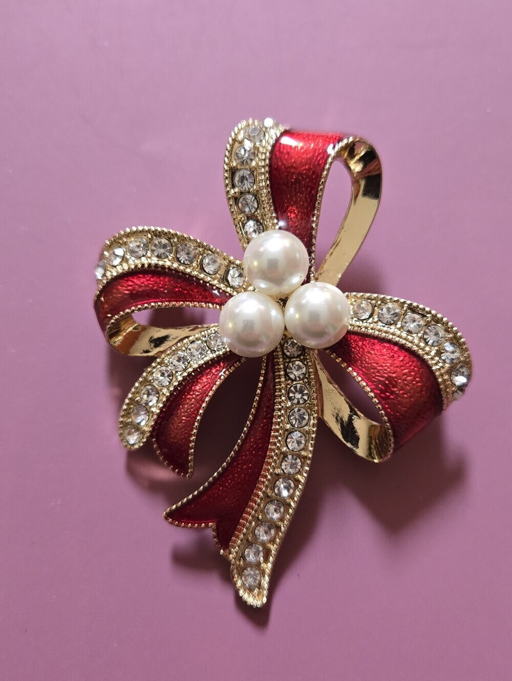 Napier Gold-Tone Red Enamel Bow Brooch with Pearls and Rhinestones